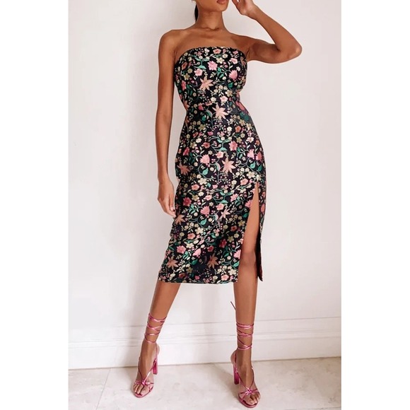 NWT Lulus Make A Move Black Satin Floral Jacquard Strapless Midi Dress Small - Picture 3 of 11